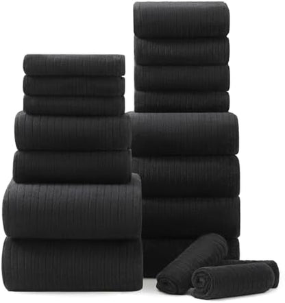 18 Piece Bath Towels Set,Super Soft Family Bathroom Towel Set with Hanging Loops-6 Bath Towels,6 Hand Towels,6 Washcloths,Highly Absorbent Quick Dry Shower Towel for Bathroom,Hotel,Spa-Black Towel Set