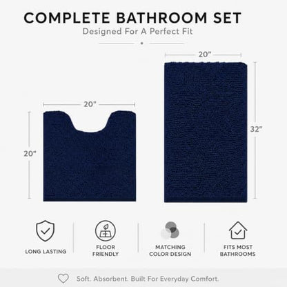 Bathroom Rugs Sets 2 Piece,Super Absorbent Soft,Thick,Machine Washable Chenille Bath Mat,Non Slip Toilet Floor Rug,Bath Mats for Bathroom,20x32 Plus 20x20 U Shape,Navy Blue