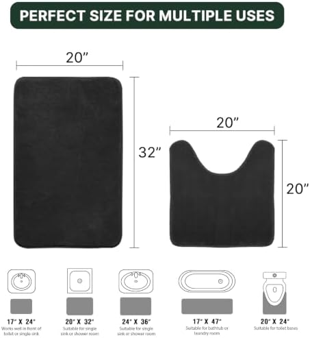 H.VERSAILTEX Bath Mat Memory Foam Set Bathroom Rug Set Flannel Velvety Bath Mat Luxury Extra Soft and Absorbent Non Slip Rugs for Bathroom/Bedroom Washable(Curved Set 20"x 32" Plus 20"x 20"U, Black)