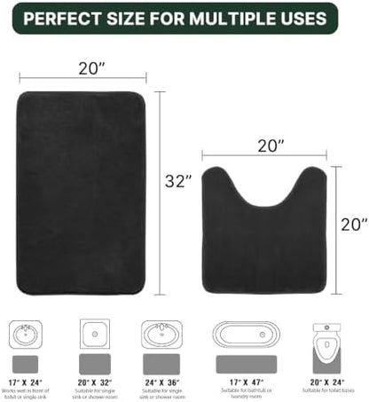 H.VERSAILTEX Bath Mat Memory Foam Set Bathroom Rug Set Flannel Velvety Bath Mat Luxury Extra Soft and Absorbent Non Slip Rugs for Bathroom/Bedroom Washable(Curved Set 20"x 32" Plus 20"x 20"U, Black)