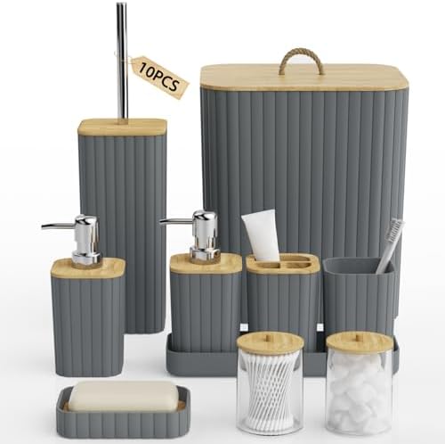Bathroom Accessories Set - 10PC Bathroom Set, Grey Bathroom Set, Bathroom Accessories Set, Toilet Brush, Bathroom Trash Can & Soap Dispenser