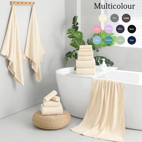 Ycosy 18 Piece Bath Towels Set,100% Microfiber Family Bathroom Towel with Hanging Loops-6 Bath Towels,6 Hand Towels,6 Washcloths,Quick Dry Highly Absorbent Shower Towel for Bathroom,Hotel,Spa-Beige