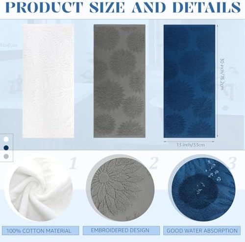 Tiamon 3 Pcs Bathroom Towel Decorative Set 100% Cotton Fluffy Bath Hand Towels for Guest Gifts Farmhouse Kitchen Hand Towels Home(White, Gray, Blue,30 x 13 Inch,Floral)