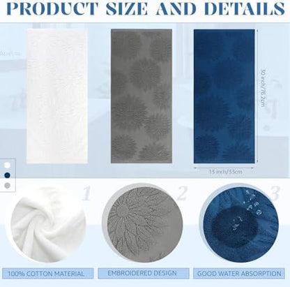 Tiamon 3 Pcs Bathroom Towel Decorative Set 100% Cotton Fluffy Bath Hand Towels for Guest Gifts Farmhouse Kitchen Hand Towels Home(White, Gray, Blue,30 x 13 Inch,Floral)