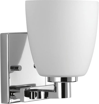 Progress Lighting 1 Light Bathroom Vanity Light, Coastal Style Modern Bath Lighting Fixture with Etched White Glass Shade for Over The Mirror, Reversible Mounting, Fleet Collection, Polished Chrome