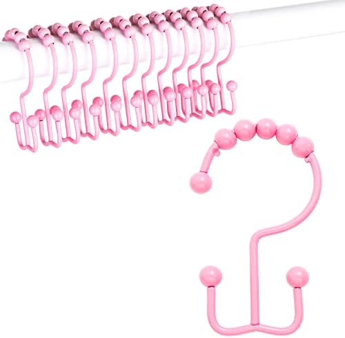 Shower Curtain Hooks,304 Stainless Steel Shower Rings for Bathroom,Double Glide Shower Hooks for Bathroom Shower Curtain Rods Curtains,Set of 12 Hooks,Light Pink（Shower Curtain Hooks Style A ）