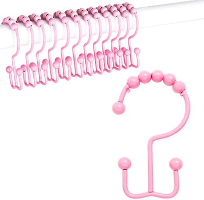 Shower Curtain Hooks,304 Stainless Steel Shower Rings for Bathroom,Double Glide Shower Hooks for Bathroom Shower Curtain Rods Curtains,Set of 12 Hooks,Light Pink（Shower Curtain Hooks Style A ）