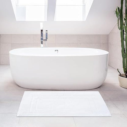 Feather & Stitch 2 Piece Towel Like Bath Mats (30x21 Inch) 100% Cotton Terry Bath Mats, Bathroom Shower Floor Mats [NOT A Bathroom Rug], Soft Absorbent Washable Mats - White