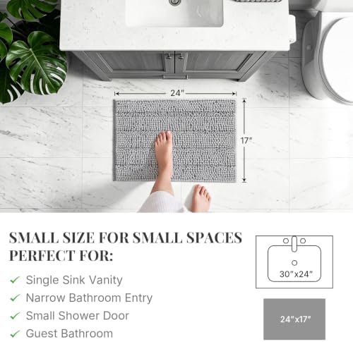 Bcoimo Small Bath Rug Mat,24x17 Chenille Non Slip Gray Bathroom Shower Mat