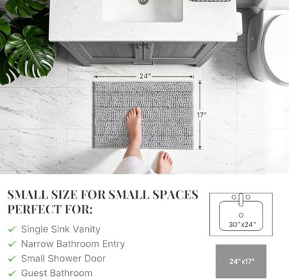 Bcoimo Small Bath Rug Mat,24x17 Chenille Non Slip Gray Bathroom Shower Mat