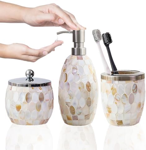 Escenzy Natural Shell Bathroom Accessories Set 3 Pcs | Handcrafted Mother of Pearl Mosaic Glass Soap Dispenser, Toothbrush Holder, Cotton Jar | Luxury Coastal Bathroom Decor