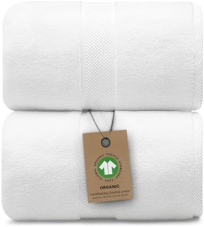 Alusa Home 100% Organic Luxury Bath Sheets - GOTS Certified - Extra Large 35x70 Inches (Pack of 2) Zero-Twist, Long-Staple Cotton Bath Sheet Set (White)