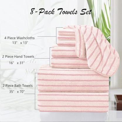 8 Pcs Pink Cabana Stripe Large Bath Towels Set Oversized Bath Sheet-2 Bathroom Towels,2 Hand Towels,4 Washcloths Soft Jumbo Absorbent Shower Towel Quick Dry Beach Chair Towel Spa Gym Hotel