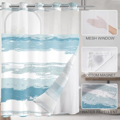 No Hook Shower Curtain with Liner, Cyan Stripe, 71x74 Inch