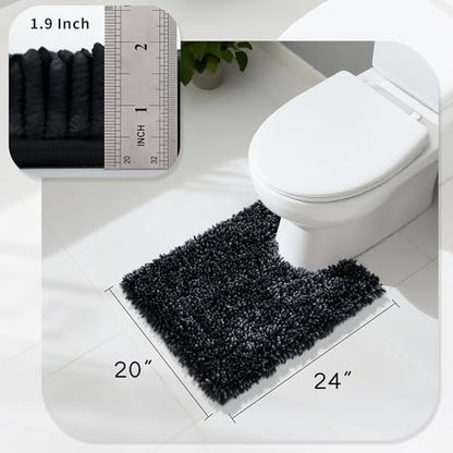 Yimobra Toilet Rugs U Shaped Washable, Extra Thick Soft Absorbent Chenille Contour Bathroom Rugs for Toilet 24x20 Inch, Quick Dry Non Slip Toilet Mat for Bath Floor, Black