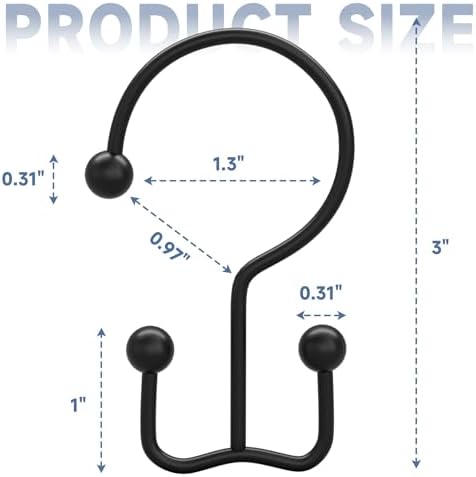 Titanker Shower Curtain Hooks Rings, Rust Resistant Metal Minimalist Simple Double Glide Shower Hooks Rings for Bathroom Shower Rods Curtains, Set of 12 Hooks - Black