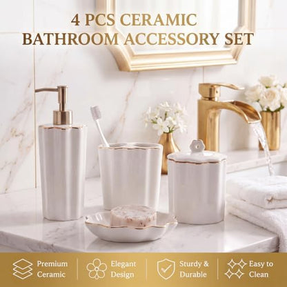 Zhehao 4 Pcs Scalloped Ceramic Bathroom Accessories Set,8.5 Inch, Gold