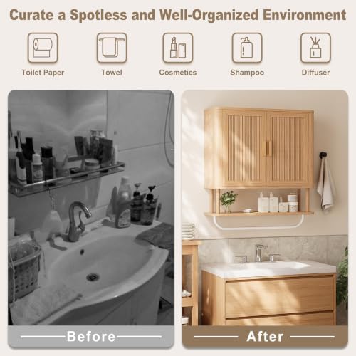 INNOD Bathroom Storage Cabinet with Towel Bar, Over the Toilet Storage Shelf, Medicine Cabinet with Adjustable Wood Shelf & Doors for Laundry Room & Kitchen & Living Room (Natural Oak)