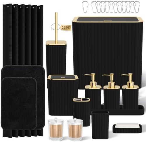 Bathroom Accessory Set - Bathroom Set, 27PC Bathroom Accessories Set, Black Bathroom Sets with Shower Curtain and Rugs, Mini Trash Can, Toilet Brush, Trash Can & Soap Dispenser