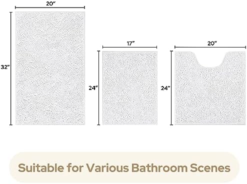 HOMEIDEAS White Chenille Bathroom Rugs Set of 3, Non Slip Bath Mat