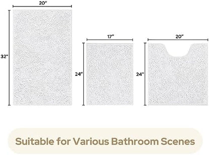 HOMEIDEAS White Chenille Bathroom Rugs Set of 3, Non Slip Bath Mat
