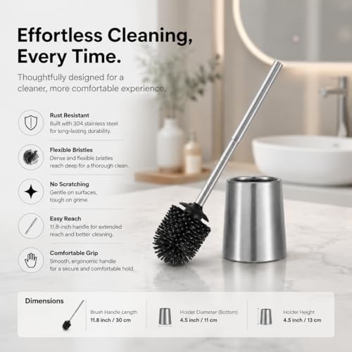 SUS304 Stainless Steel Toilet Brush and Holder Set Toilet Brush Case Cleaner for Toilet Bowl Bathroom Cleaning Brush Caddy Cepillo de Baño wih Oily Coating Brushed Stainless Chrome