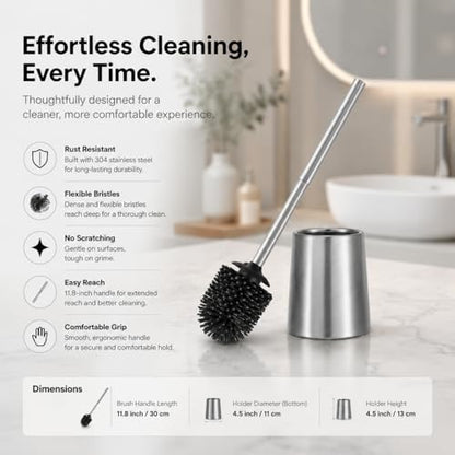SUS304 Stainless Steel Toilet Brush and Holder Set Toilet Brush Case Cleaner for Toilet Bowl Bathroom Cleaning Brush Caddy Cepillo de Baño wih Oily Coating Brushed Stainless Chrome