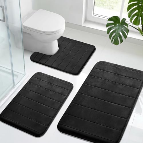 Neween Bathroom Rugs Set 3 Piece, Absorbent Memory Foam Bath Mat, Black
