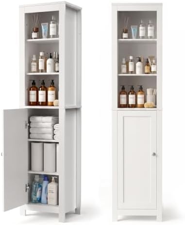 66'' Tall Bathroom Storage Cabinet, Storage Cabinets with Adjustable Shelves & Anti-Tip Design Floor Narrow Cabinet for Bathroom, Living Room, Entryway, Kitchen White