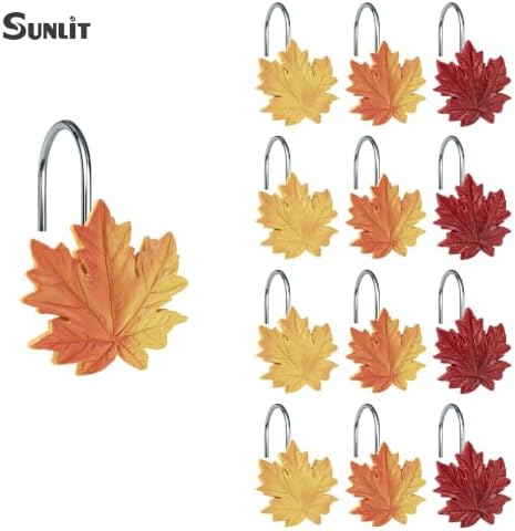 Sunlit Maple Leaf Shower Curtain Hooks, Yellow Orange Red Gradient Fall Autumn Shower Curtain Rings for Bathroom, Decorative Resin Maple Leaves Curtain Hangers, Bath Accessories, Set of 12