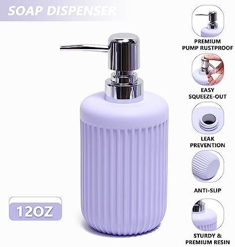XLHOMO Resin Light Purple Bathroom Accessories Set 5 Pcs, Lotion Soap Dispenser, Toothbrush Holder, Bathroom Tumbler, Qtip Holder and Vanity Tray, Bathroom Countertop Organizer Set for Home Apartment