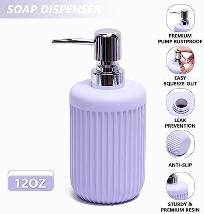 XLHOMO Resin Light Purple Bathroom Accessories Set 5 Pcs, Lotion Soap Dispenser, Toothbrush Holder, Bathroom Tumbler, Qtip Holder and Vanity Tray, Bathroom Countertop Organizer Set for Home Apartment