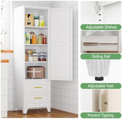 Ckzbx Tall Narrow Storage Cabinet, 66.93" H Tall Bathroom Cabinet Metal Pantry Cabinets with Drawers, 3 Adjustable Shelves, for Kitchen, Bathroom, Home Office, Living Room (White)