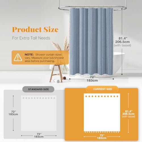 BTTN 72 x 80 Boho Farmhouse Linen Heavy Duty Cloth Shower Curtain Set, Blue
