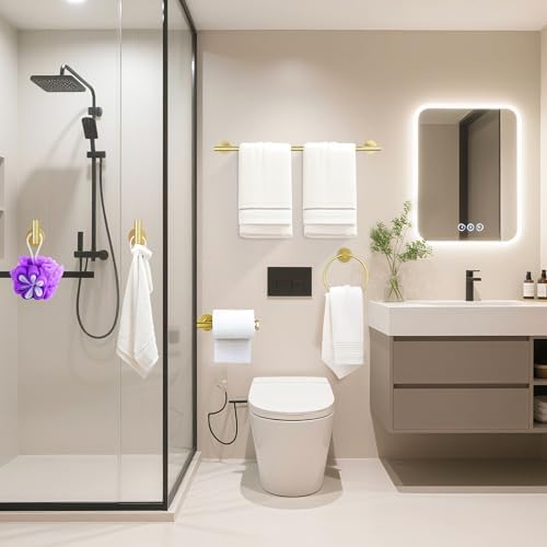 6 Pieces Brushed Gold Bathroom Hardware Accessories Set, SUS304 Stainless Steel 24 Inch Bath Towel Bar Set, Round Bathroom Towel Holder Set, Towel Racks for Bathroom Wall Mounted