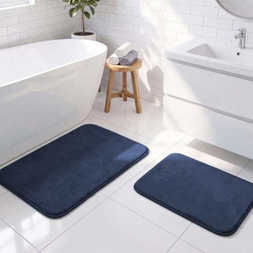 H.VERSAILTEX Bath Mat Memory Foam Set Bathroom Rug Set Flannel Velvety Bath Mat Luxury Extra Soft and Absorbent Non Slip Rugs for Bathroom/Bedroom Washable(2 Pack- 20"x 32"/ 17"x 24", Navy)