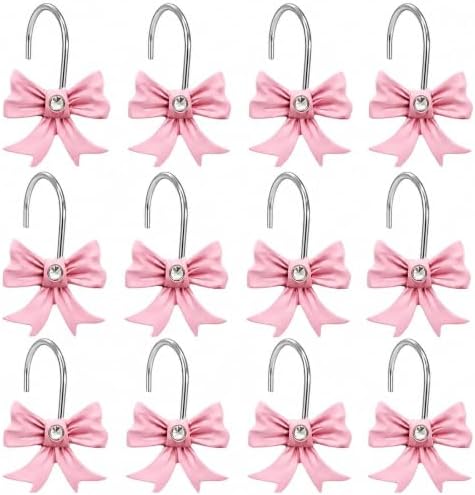 Decorative Shower Curtain Hooks Bow Tie Rust Resistant Hooks Glide Shower Ring Hangs Holder Bling for Bathroom, Pack of 12