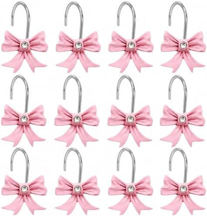 Decorative Shower Curtain Hooks Bow Tie Rust Resistant Hooks Glide Shower Ring Hangs Holder Bling for Bathroom, Pack of 12