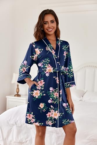 Ekouaer Women Kimono Robes Knee Length Knit Bathrobe Lightweight Soft Sleepwear V-neck Casual Ladies Loungewear