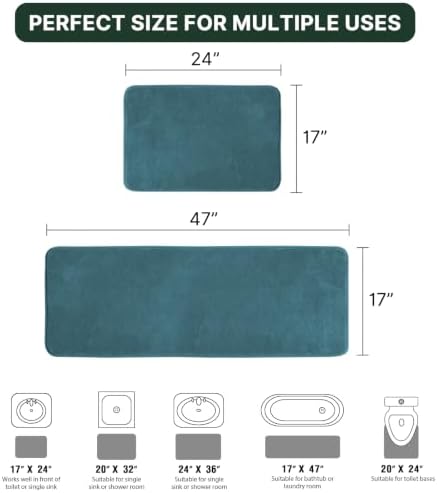 H.VERSAILTEX Kitchen Mat Non Slip Memory Foam Flannel Velvety Runner Rug Water Absorbent Soft Kitchen Rugs Set for Floor Standing Rugs(47" x 17" + 24" x 17", Dark Teal)