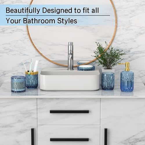 Blue Bathroom Accessories 5 Pcs, Glass Bathroom Accessory Set, Vintage Blue Bathroom Set, Soap Dispenser and Toothbrush Holder Set, Qtip Holder, Bathroom Sets Complete, Modern Bathroom Decor