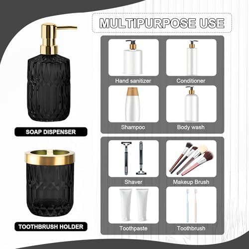 RRM Glass Bathroom Toothbrush Holder and Soap Dispenser Set,Black Gold