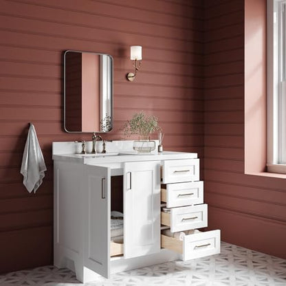 ARIEL Taylor 42-inch Bathroom Vanity with Sink,Solid Wood, 1.5-inch Pure White Quartz Countertop & Backsplash, Single Rectangular Porcelain Sink, 2 Soft Closing Doors, 5 Dovetail Drawers, White