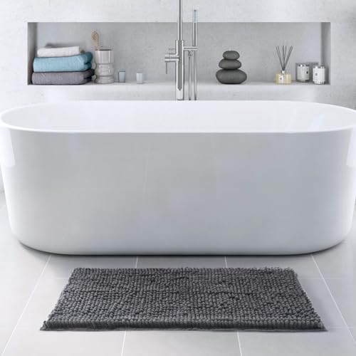FRESHMINT Large Chenille Bathroom Rugs Mat 36”x24”, Non-Slip Bath Mat for Bathroom Floor & BathTub, Washable Soft Shower Shag Bath Rugs, Durable Fluffy Thick Water Absorbent Microfiber Shower Mat,Gray