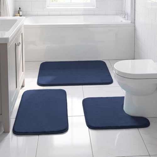 H.VERSAILTEX Bath Mat Memory Foam Set Bathroom Rug Set Flannel Velvety Extra Soft and Absorbent Non Slip Rugs for Bathroom/Bedroom Washable(20"x 32" + 17"x 24" + 20"x 24"U-Shaped, Navy)