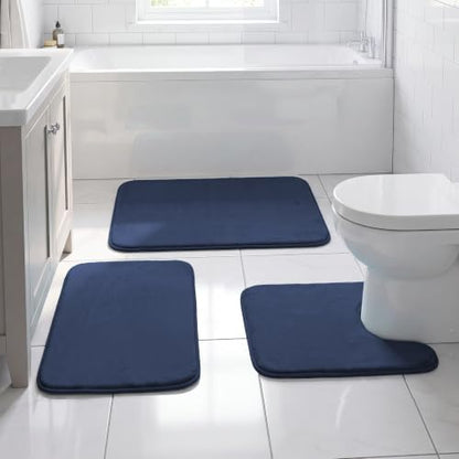 H.VERSAILTEX Bath Mat Memory Foam Set Bathroom Rug Set Flannel Velvety Extra Soft and Absorbent Non Slip Rugs for Bathroom/Bedroom Washable(20"x 32" + 17"x 24" + 20"x 24"U-Shaped, Navy)