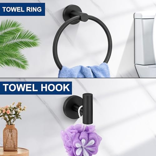 5 Pieces Bathroom Hardware Accessories Set Matte Black, 24Inch Round Towel Racks Set for Bathroom, SUS304 Stainless Steel Towel Bar Set, Toilet Paper Holder Wall Mounted