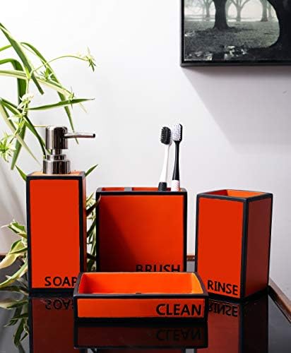 Hymmah Bathroom Accessories Set,Toothbrush Holder,Farmhouse Bathroom Decor,4 Pcs Resin Gift Set Apartment Necessities, Contain Toothbrush Cup,Soap Dispenser,Soap Dish,Tumbler Orange
