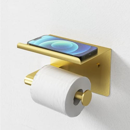 GLNLQ Brushed Gold Toilet Paper Holder Wall Mount, Adhesive or Screw-in