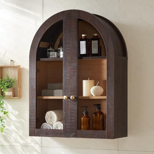 Bathroom Arched Wall Cabinet,23.5'' Wide Medicine Cabinet, Bathroom Cabinet Wall Mount W/Glass Doors & Adjustable Shelves, Over The Toilet Storage Cabinet for Laundry Room, Bedroom,Kitchen, Brown